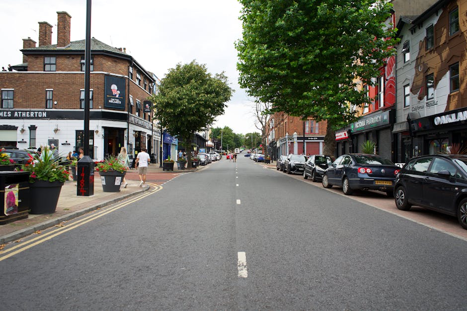 A street scene on Oakleigh Road North in Whetstone during daylight hours, showing a narrow asphalt road with parked cars on the right side and a few moving vehicles. The pavement on the left side features several potted plants and outdoor signage for local businesses, including a pub with a black sign and hanging lanterns. Large, well-established trees with green foliage line the sidewalk on the right, casting partial shadows on the street. In the background, there are brick and stone buildings with multiple stories, typical of residential and commercial architecture in the area. The weather appears clear, with bright natural light illuminating the scene. This setting reflects a typical urban environment suitable for home relocation and furniture transport, as part of a professional moving process by Man with Van Whetstone, capturing the typical street environment involved in organizing house removals and packing and moving logistics.